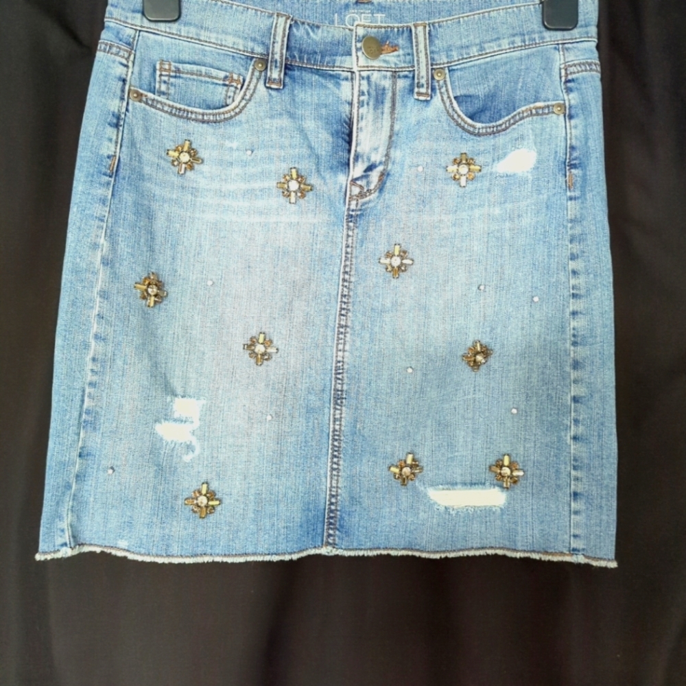 Embellished Distressed Denim Skirt